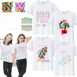 4 Pcs Kids 100 Days of School DIY Shirt Kit 100th Day of School T-Shirt with Pom Poms Balls Gem Stickers Double Sided Glue Points for Kids Art Creatives 100 Days of School Clothing Costume Accessories