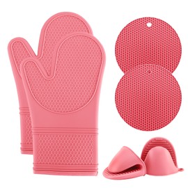 COOK WITH COLOR Silicone Oven Mitt Set- 6 PC. Set - Heat Resistant Gloves with Soft Quilted Lining Set of 2 Oven Mitt Pot Holders, 2 Silicone Trivets, 2 Fingertip Mitss for Cooking and BBQ (Pink)