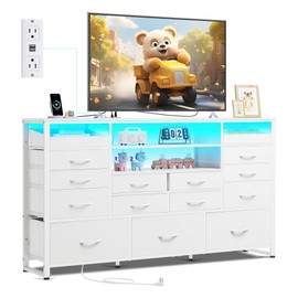 WLIVE White Dresser for Bedroom, Baby Dresser TV Stand for 55, 60, 65 inch TV with Led Lights & Charging Station, Fabric Chest of Drawers with Open Shelves, 15 Drawer Dressers for Closet, Living Room