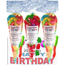 Miss You Happy Birthday Series Bright Sour Worms And Red Cherry With Green Apple Gummi Gummy Bears (NET WT 31 OZ) (Pack of 3) In 1 Box Gourmet Kruise Signature Gift Bags