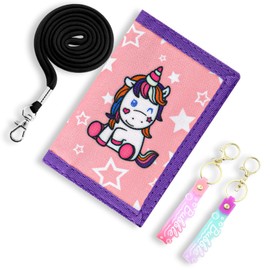 TOKSEO Children's Purse with Velcro Closure, Drawstring, Metal Chain, Note Compartment and Coin Compartment, 8 x 12 cm, Foldable Dinosaur Motifs, Children's Wallet Gift for Children, Unicorn pattern,