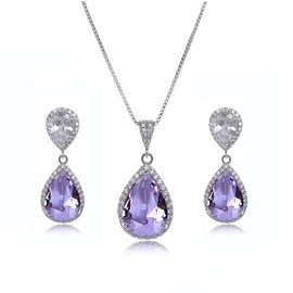 AMYJANE Wedding Jewelry Set for Bride - Sterling Silver Teardrop Amethyst Purple Cubic Zirconia Crystal Rhinestone Necklace Earrings Set Bridal Jewelry Set for Bridesmaids February Birthstone Jewelry