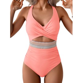 B2prity One Piece Swimsuit for Women Tummy Control V Neck Bathing Suit Color Block High Waisted Cutout Swimwear