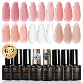 ROSALIND Jelly Gel Polish Set with Matte and Glitter Gel Top Coat, 6 Translucent Colors Neutral Sheer Milky White Nude Pink base Gel Nail Polish set Nail Art DIY at Home