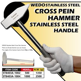 WEDO Cross Pein Hammer with Stainless Steel Handle, Engineers'Hammer, Stainless Steel, Corrosion Resistant, Rust Proof, Durable, Environmental friendly, 500g