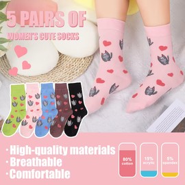 5 Pairs Cute Cat Dog Socks for Women, Womens Funny Novelty Crew Cotton Socks Animal Patterned Christmas Gifts Size 9-11
