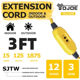 YOJOE 3 Foot GFCI Yellow Extension Cord,Lighted Outdoor 12/3 Cord with 3 Power Outlets,12 Gauge 3 Prong SJTW Heavy Duty Extension Cable with 3 Prong Grounded Plug for Safety,UL Certified