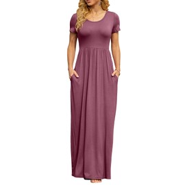 DB MOON Womens Maxi Dresses Casual Short Sleeve & Pockets Empire Waist Long Dress for Beach Party M, Mauve