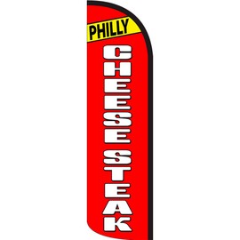 PHILLY CHEESESTEAK Windless Feather Flag Bundle (11.5' Tall Flag, 15' Tall Flagpole, Ground Mount Stake)