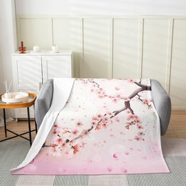 Erosebridal Cherry Blossoms Throw Blanket for Kids Girls Woman Couple,Pink Japanese Style Romantic Theme Fleece Blanket Twin 60x80,Botanical Floral Printed Plush Blanket Sofa Bed Couch Decor