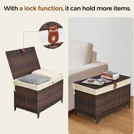 Honjourai Wicker Storage Basket with Lid,Rattan Shelf Basket with Removable Liner Bag,105L Storage Bin,Storage Trunk with Heightened Feet,Storage Container for Wardrobe,Home Organizer