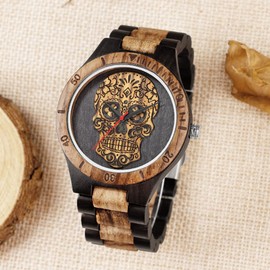 Dentily Men's Wood Watches Handmade Woooden Analog Quartz Skull Face Pattern Wooden Watch