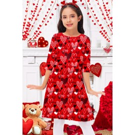 Kid Girls Valentines Dress Red Heart Half Sleeve Tshirt Dresses Festival Family Party Dresses 5-6 Years