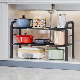 Fliqor Expandable Under Sink Organizer with 10 Removable Panels, Adjustable Storage 2-Tier Shelf for Kitchen, Bathroom, Pantry,Multi-Purpose Expandable Cabinet Shelf Rack (19-35.5 Inch) (brown, Large)