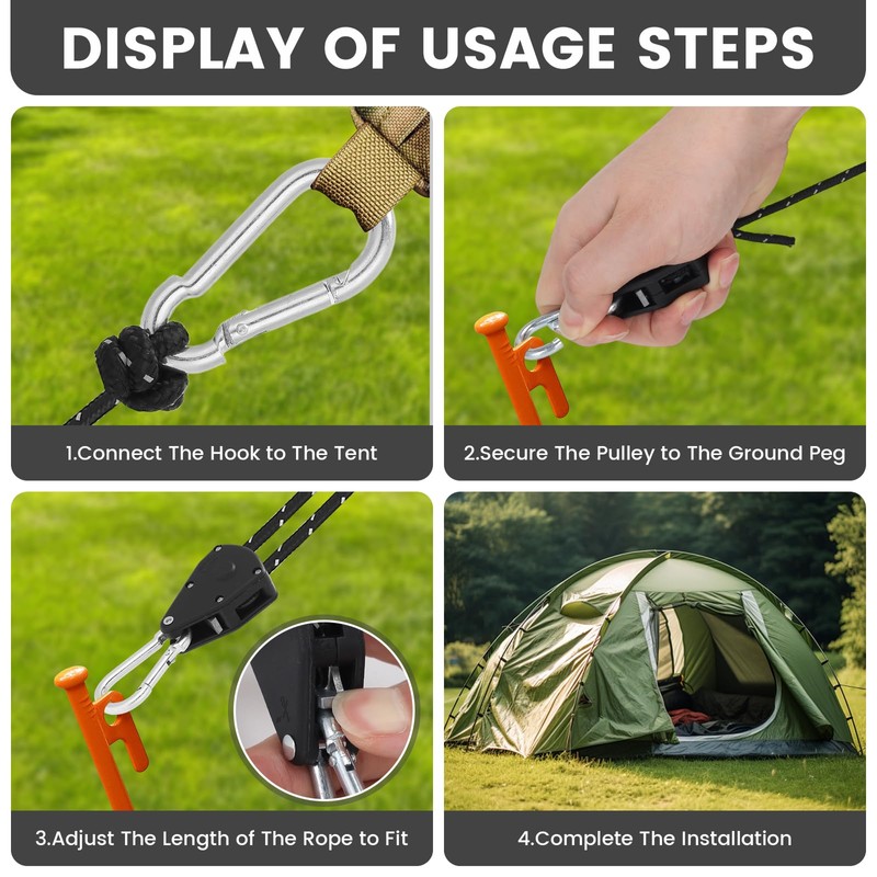 LUCKNIGHT 4PCS Reflective Tent Guy Ropes, Guy Rope Tensioners, Guide
