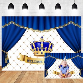 DORCEV 5x3ft Baby Shower Backdrop Welcome Prince Navy Blue Crown Grid Curtain Royal Luxury Photography Background Baby Shower Gender Reveal Newborn Announce Party Banner Photo Booth Props