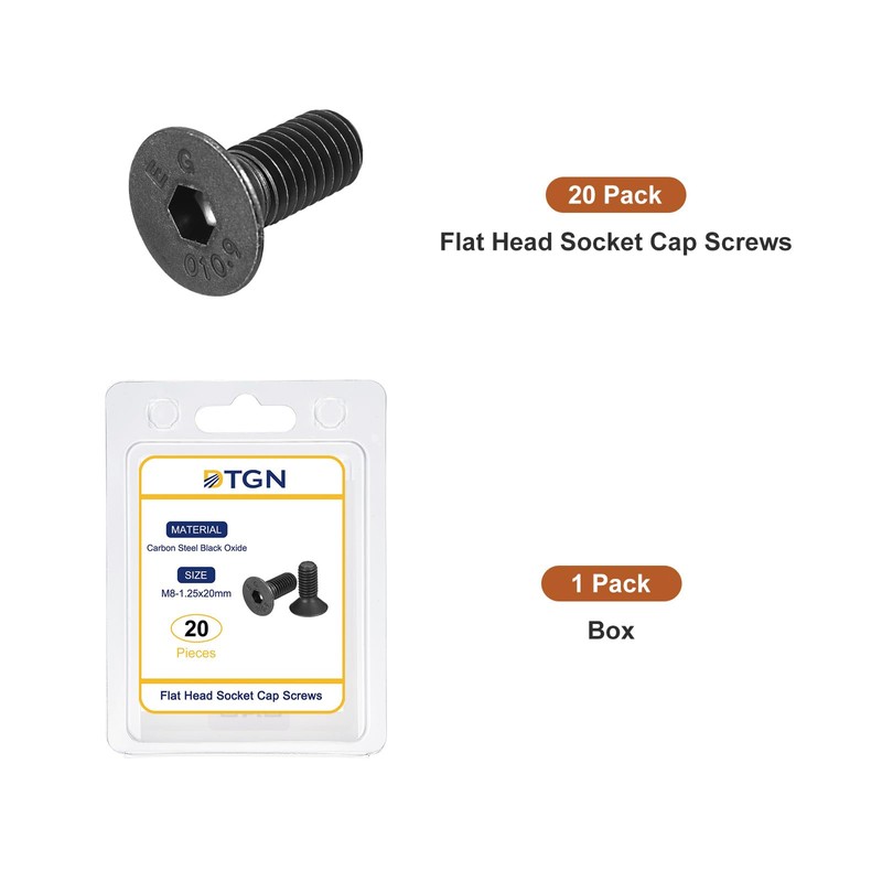 DTGN M8-1.25x20mm Flat Head Socket Cap Screws, 20 Pack Hex