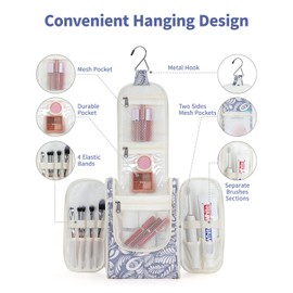 Narwey Small Hanging Toiletry Bag Women Travel Makeup Bag Organizer Toiletries Bag for Travel Size Essentials Accessories Cosmetics (Medium, Blue Leaf)