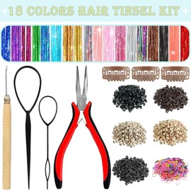 LEDIZE Hair Tinsel,18 Colors Hair Tinsel Kit for Girls 7600 Strands Fairy Tinsel Hair Extensions Holographic Hair Tinsel Heat Resistant Colored Hair Glitter Christmas Party Festival (18 Colors)