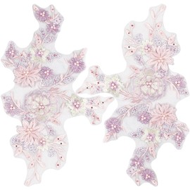 CABODYALS 2Pcs 3D Floral Sequin Applique Pearl Beaded Embroidered Lace Appliques Pink Polyester Embroidery Lace Flower Sew on Tulle Patches for Sewing Making Dresses Clothes Gown Costumes DIY Supply