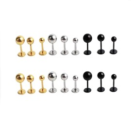 Krstudent 9 Pairs Titanium Earrings Studs, Hypoallergenic Gold Silver Black Plated Stud Earrings for Women Girls Men (D-black,gold,silver 9 pairs(3mm/4mm/5mm*3)