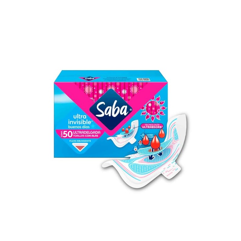Saba Ultra Invisible Buenos Días Ultradelgada con alas, 50 piezas