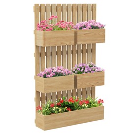 FocusOnHome 5 Box Raised Garden Bed with Trellis for Vine Flowers & Climbing Plants, 39" Tall Wall-Mounted Wood Planter Box Set with Adjustable Height, Drainage Hole, Natural