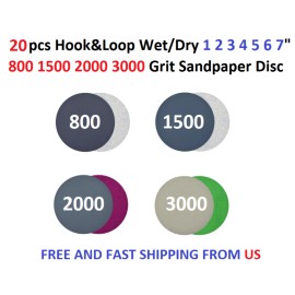SHYN ABRASIVES 20pcs Hook&Loop Wet/Dry 1 2 3 4 5 6 7" 800 1500 2000 3000 Grit Sandpaper Disc - 7 inch
