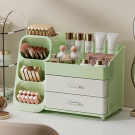Booklov Makeup Organizer for Vanity, Large Capacity Cosmetic Display Case with Drawers, Countertop Beauty Storage Holder for Skincare, Brush Eyeliner Eyeshadow Lipsticks, Counter Desk, Cream Green