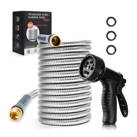 GrassWind Stainless Steel Garden Hose 50 ft Heavy Duty Metal Water Hoses with 10 Function Water Hose Nozzles for Yard Outdoor