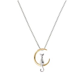 Tckyi Gold Plated Cat on Moon Pendant Necklace with Silver-tone Box Chain, Adjustable, Copper, No Gemstone