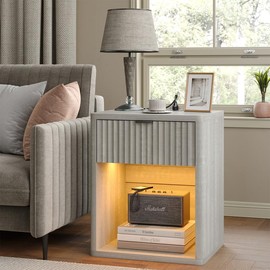 FUSOU Night Stand with Charging Station, Large LED Nightstand with Drawer and Storage Shelf, Lighting Modes Adjustable, Modern Wood Nightstand Side Table End Table for Bedroom, Living Room, Oak - Color: Grey, Pieces: 1 Piece