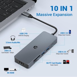 USB C Hub HOPDAY - 10 in 1 Multiport USB C Adapter with 4K HDMI, USB C Docking Station, PD 100W,USB 3.0 5Gbps,SD/TF Card Reader,Dongle for Type C Devices