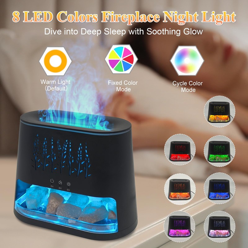 Fireplace Flame Diffuser & Himalayan Salt Lamp, 8 Colors Aromatherapy