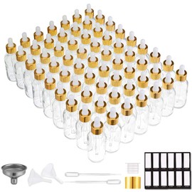 PrettyCare Eye Dropper Bottle 2 oz (63 Pack Clear Glass Bottles 60ml with Golden Caps, 2 Extra Eye Droppers, 120 Labels, 10 Funnel & Measured Pipettes) Empty Tincture Bottles for Essential Oils