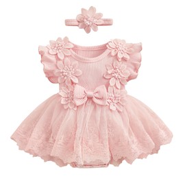 ZAXARRA Infant Baby Girl Lace Romper Baby Tulle Dress Romper Flowers Bodysuit Spring Summer Festival Clothes with Headband (Pink, 6-12 Months)