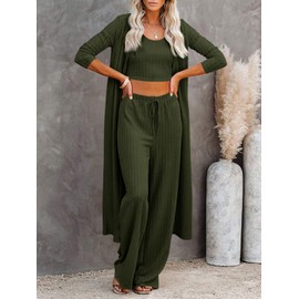 Fessceruna Womens 3 Piece Lounge Sets Pajamas Knit Long Sleeve Cardigan Crop Top Wide Leg Pants Loungewear Set