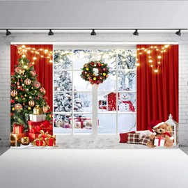 Aisnyho Winter Christmas Backdrop Snow Scene Tree Garland Gift Window Red Curtain Merry Xmas Backdrops for Photography Family Party Decorations New Year (8x6FT)