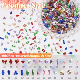 1000Pcs Color Rhinestones Nail Art Gems, Sparkling Flatback Nail Rhinestones, Multi-Shaped 3D Colorful Gems Diamonds Crystal for Bedazzling Nail Jewelry for Nail Art Supplies DIY Crafts
