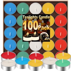 Jeffbaubl 100Pcs Tealight Candles, Assorted Colors Tea Lights, 4 Hour Burn Time Unscented, Smokeless for Wedding, Home, Romantic Dinner, Anniversaries (5 Colors)