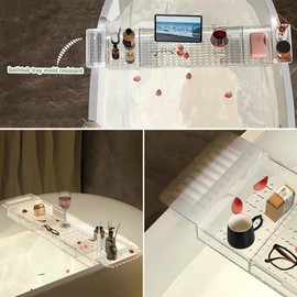 Ollimy Bathtub Caddy Tray, Adjustable Bath Tray for Tub, Bath Accessories, Tub Caddy for Bathroom Luxury Spa, Expandable Size Bath Tub Organizer with Anti-Slip mat, Fits Most Tubs (Transparent)