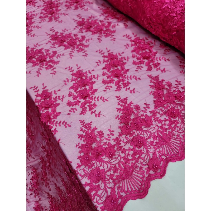 Totally-paris Fuchsia 3d Floral Embroidery Pearls Fabric By The Yard