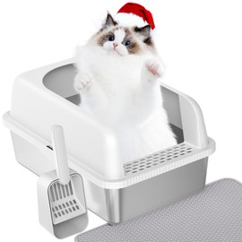 Prodigen Stainless Steel Cat Litter Box with Lid High Wall Sides Enclosure, Non-Sticky, Anti-Leakage, Easy Cleaning, with Cat Mat & Metal Scoop, 19.6" L x 14" W x 12" H