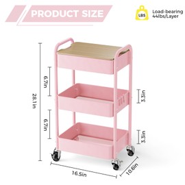 3 Tier Rolling Cart with Table top, Metal Rolling Utility Cart, Sturdy Storage Organizer Cart with Locking Wheels & Hooks for Office, Classroom, Kitchen and Bathroom，Pink