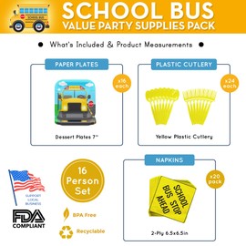 School Bus Value Party Supplies Pack (58+ Pieces for 16 Guests), School Bus Party Supplies, Back To School Decorations, Kindergarten Graduation, Bus Wheels Theme Party, Bus Party Plates, Blue Orchards