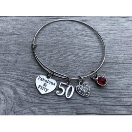 50th Birthday Bangle Bracelet with Birthstone Charm, 50th Birthday Gifts for Women, Fabulous and Fifty Bracelet. 50th Bday Gifts for Her