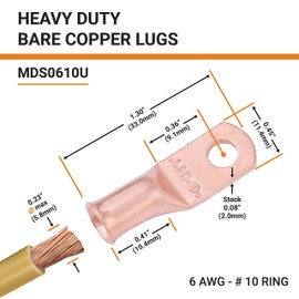 SELTERM 25pcs 6 AWG #10 Stud Battery Lugs, Ring Terminals, Heavy Duty Copper Wire Lugs, Battery Cable Ends, 6 Gauge Ring Terminal Connectors, UL Bare Copper Eyelets Electrical Battery Cable Lugs