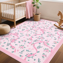 GarveeHome Coquette Pink Rugs for Bedroom Girls, 3x5 Rug for Living Room with Soft Low Pile, Floral Bow Washable Area Rug for Nursery Kids Dorm Playroom