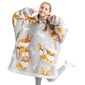 Bedsure Kids Blanket Hoodie, Corgi Blanket Hoodies for Kids Sherpa as Gifts for Daughter Girls Boys, Kids Wearable Blanket Hoodie - Grey Corgi