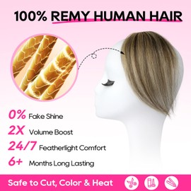 REECHO Human Hair Clip-in Hair Volumizer - 1PC 8 Inch Short Thick Hairpieces for Extra Volume, Easy Clip-in Extensions for Thin & Fine Hair - Dark Brown with Blonde Highlights